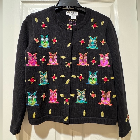 Jack B. Quick 90s Y2K Sequined Beaded Owl Cardigan Sweater Top Sz L. EUC - Picture 1 of 14